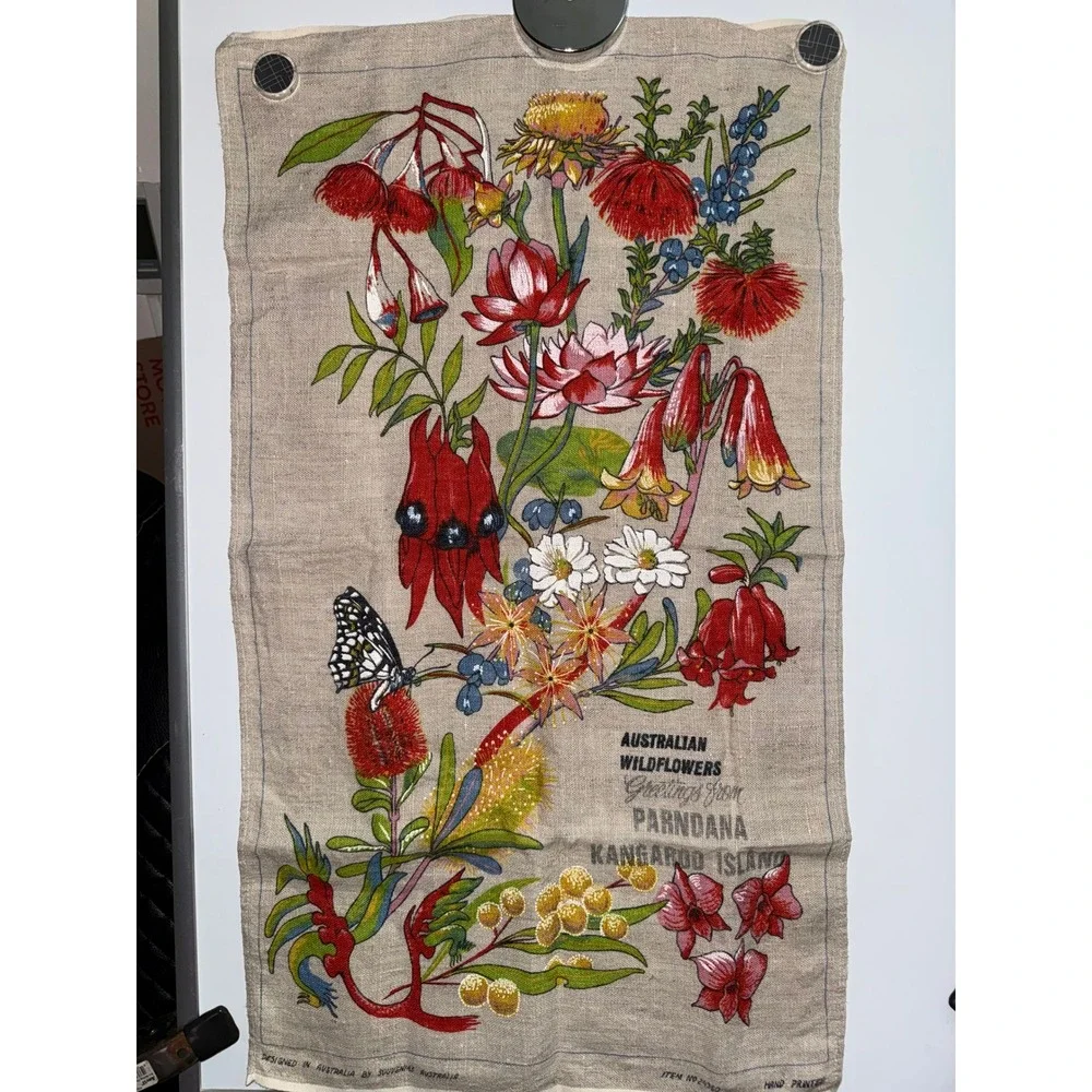 Vintage Souvenirs Australia Wildflowers Kangaroo Island Linen Tea Towel 18x30